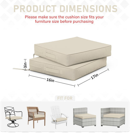 Patio Chair Cushions 17 X 16 X 3 Inch Waterproof Outdoor Seat Cushions for Patio Furniture, Outdoor Sofa Couch Pads with Ties & Handle, Set of 2, Cream