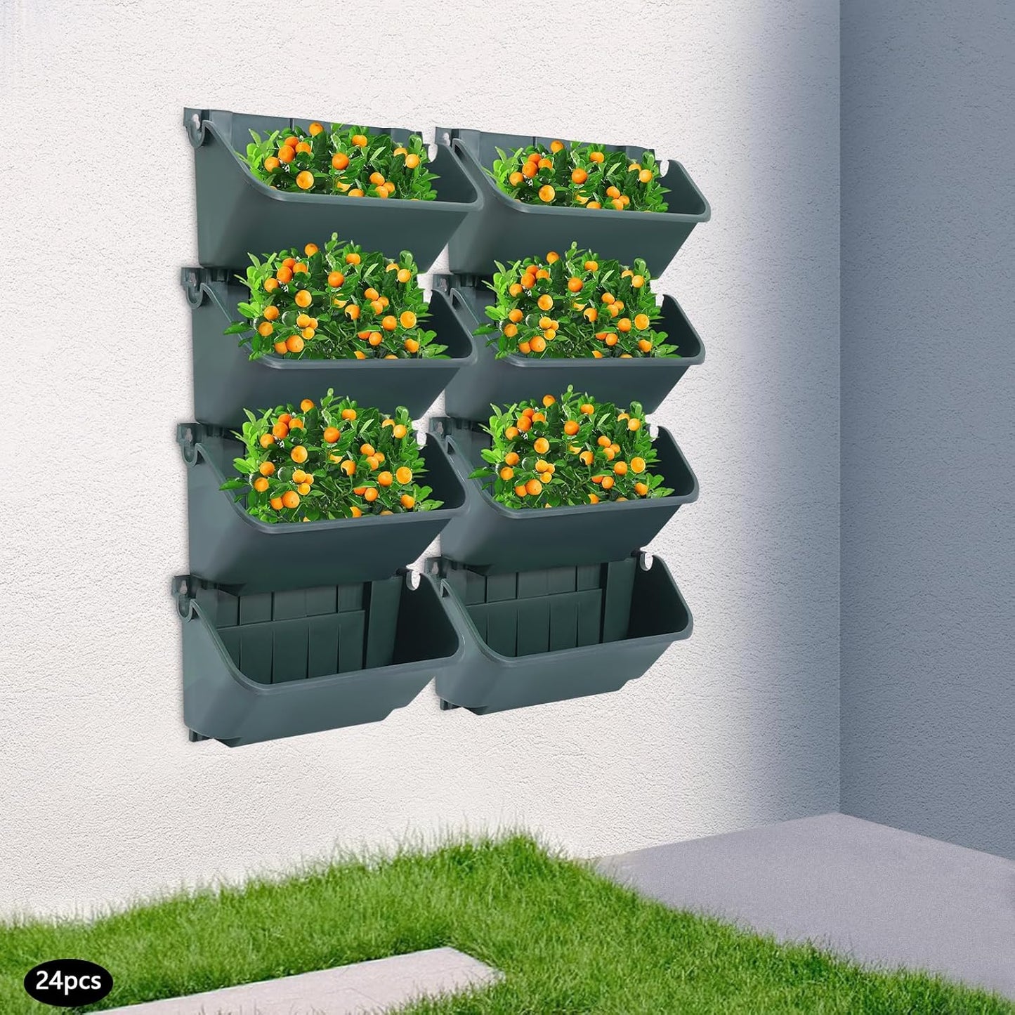 Eapmic Vertical Wall Planter with 24 Pots, Hanging Garden Plant Flowerpot Holder, Stackable Wall-Mounted Planter, Balcony Planters for Flowers Vegetables Fruits (Army Green, 24 Pots)
