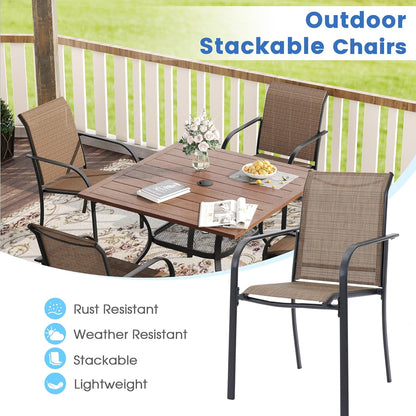 VICLLAX Patio Dining Set for 4, Outdoor Furniture Set Includes 1 Square Patio Table and 4 Stackable Patio Sling Chairs, Patio Table and Chairs for Outsides, Black Table and Brown Chairs