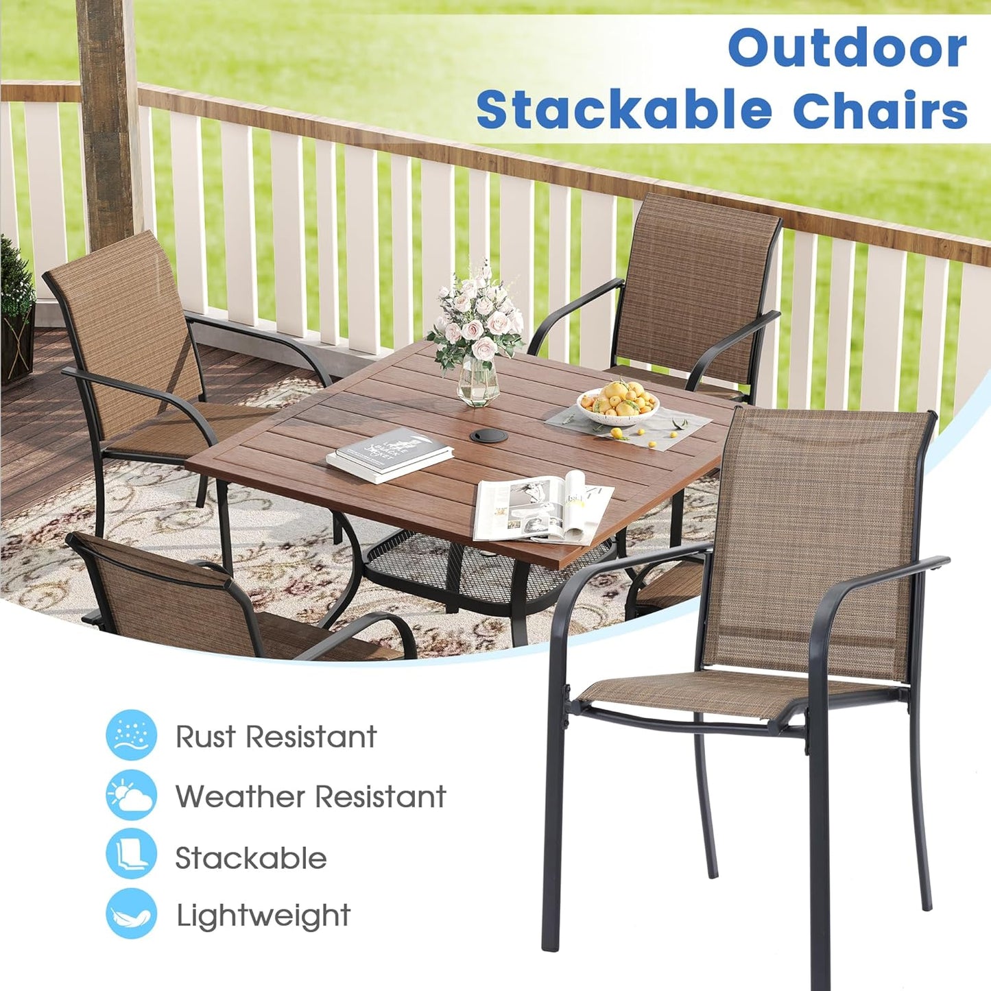 VICLLAX Patio Dining Set for 6, Outdoor Furniture Set Includes 63" Rectangle Patio Table and 6 Patio Sling Chairs, Outdoor Table and Chairs for Outsides, Walnut Tabletop and Brown Fabric