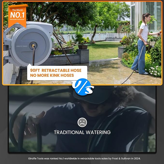 Giraffe Tools Retractable Garden Hose Reel, 5/8 in x 90 ft Heavy Duty Hose Reel With 9 Pattern Nozzle, Any Length Lock, Wall Mount Water Hose Reel, 180°Swivel, Light Grey