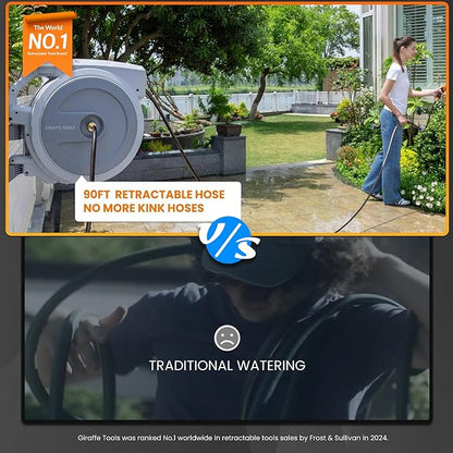 Giraffe Tools Retractable Garden Hose Reel, 5/8 in x 90 ft Heavy Duty Hose Reel With 9 Pattern Nozzle, Any Length Lock, Wall Mount Water Hose Reel, 180°Swivel, Light Grey