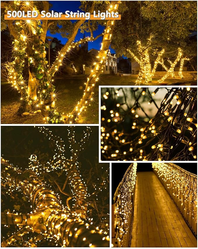 Upgrade 2Pack 500LED Solar String Lights for Outside, 180FT Solar Christmas String Lights Outdoor with 8 Modes, IP65 Waterproof Outdoor Twinkle Light, Garden Xmas Tree Christmas Decoration, Warm White