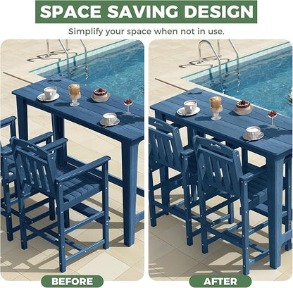 HDPE Outdoor Patio Bar Set with High Top Table and 2 Adirondack Chairs, All-Weather Bar Height Outside Rectangular Pub Furniture for Bistro, Garden, Backyard, Deck | 3-Pieces, Navy Blue