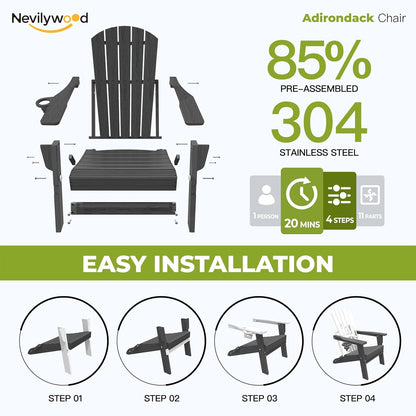 Folding Adirondack Chair, Ergonomic Extended Backrest, HDPE All-Weather, 400lbs Capacity, Maintenance-Free, Cup Holder, （Black）- Outdoor Patio & Firepit Chair