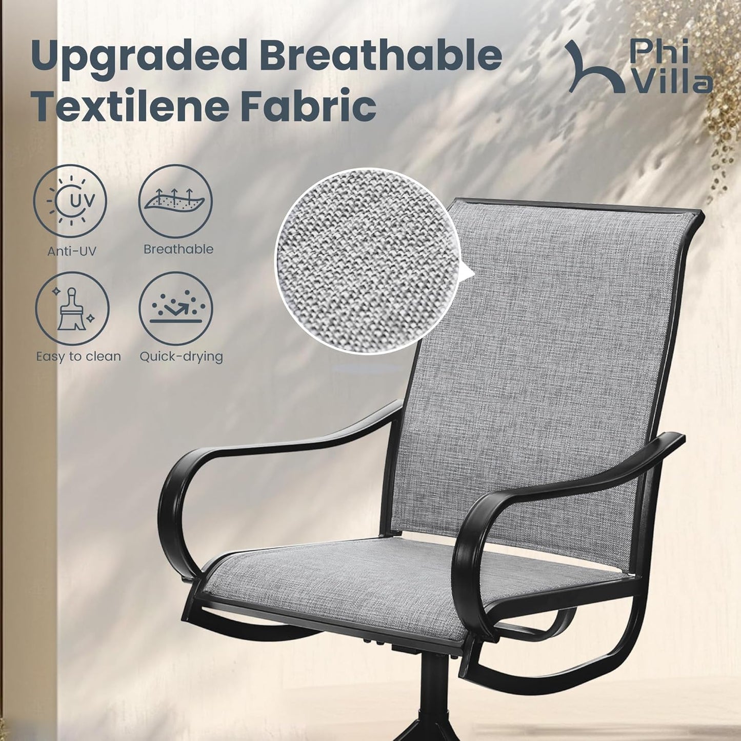 PHI VILLA Patio Swivel Dining Chairs Set of 4, Outdoor Chair with Textilene Mesh Fabric & Black Metal Frame for All Weather Outdoor Lawn Garden Poolside (Gray)