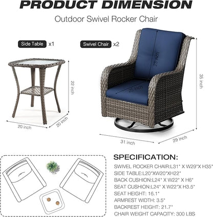 Joyside Outdoor Swivel Rocker Patio Chairs Set of 2 and Matching Side Table - 3 Piece Wicker Patio Bistro Set with Premium & Soft Fabric Cushions(Mixed Grey/Blue)