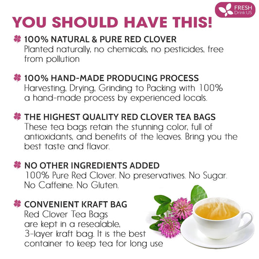 FreshDrinkUS, Premium Red Clover Herbal Tea– 75 Tea Bags – Pure – Naturally Smooth & Mild Flavor – Premium Quality, Eco-Conscious Packaging. Caffeine-Free. Gluten Free. Vegan