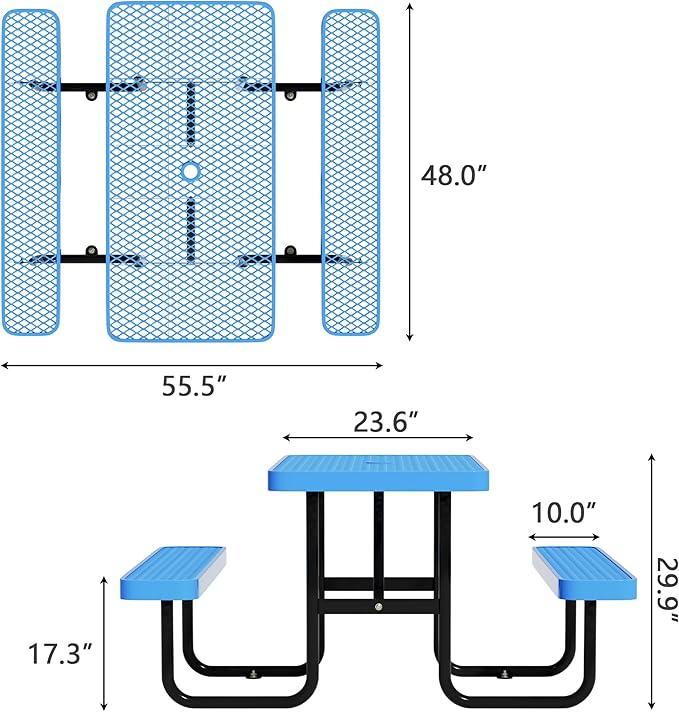 48'' Rectangular Steel Picnic Table for Outdoors,Commercial Metal Picnic Table Bench Set with Umbrella Hole,School Canteen Table W/Seats - Heavy Duty Sturdy Picnic Tables Furniture for Patio Garden