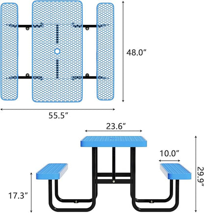 48'' Rectangular Steel Picnic Table for Outdoors,Commercial Metal Picnic Table Bench Set with Umbrella Hole,School Canteen Table W/Seats - Heavy Duty Sturdy Picnic Tables Furniture for Patio Garden