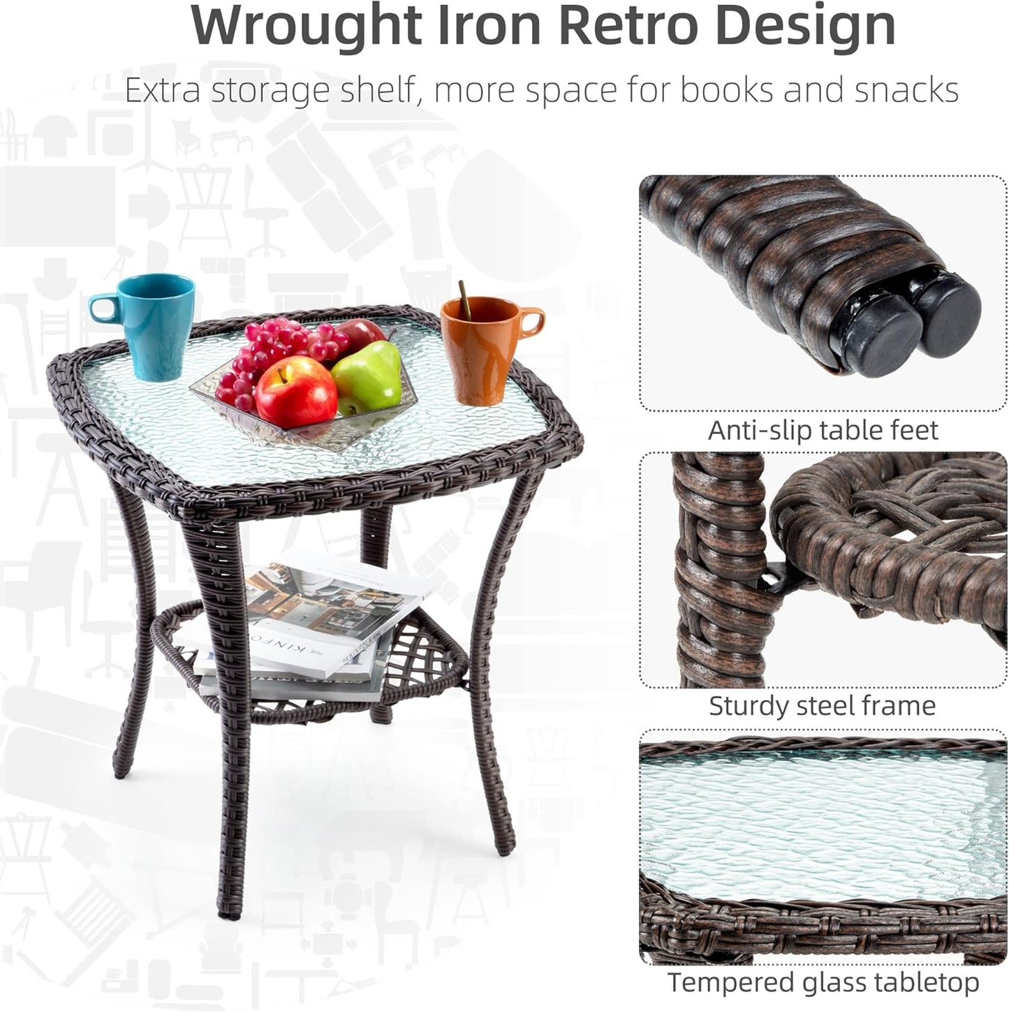 Towallmark Outdoor Swivel Wicker Glider Patio Chairs with Table Set, 3 Pieces Outdoor Bistro Set with 4”Thick Cushions and Coffee Table for Porch, Balcony, Deck (Beige)