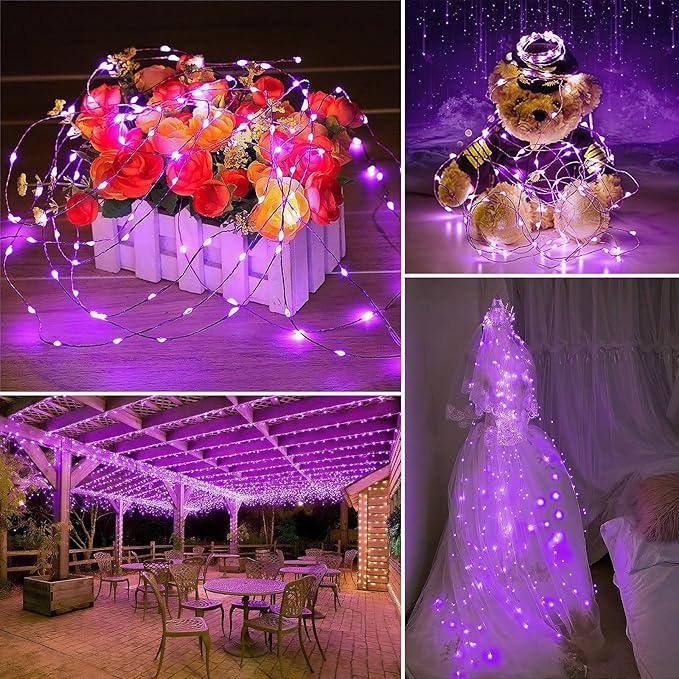 Solar String Lights Outdoor Waterproof 2 Pack Total 66ft 200LED 8 Modes Twinkle Lights Solar Fairy Lights for Patio, Garden Yard Party Wedding Tree Christmas Halloween Decoration, Purple