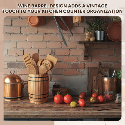 Honeydak Wooden Utensil Holder for Kitchen Counter, 360° Rotating Wine Barrel Design Large Cooking Spoon Crock Organizer, Rustic Vintage Burnt Wood Tool Holder for Farmhouse Kitchen, Gifts Decor