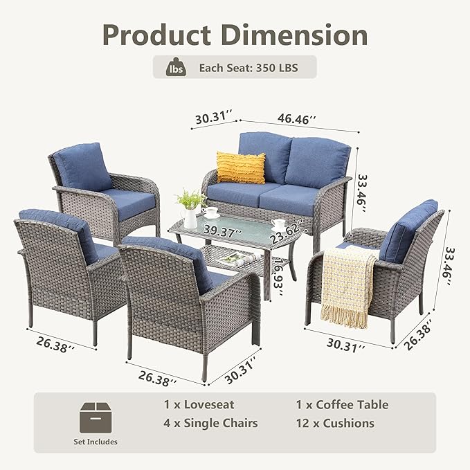 6-Piece Wicker Patio Furniture Set, All-Weather Rattan Conversation Bistro Loveseat Chair and Table Set for Backyard, Balcony and Deck with Soft Cushions and Metal Table(Blue)