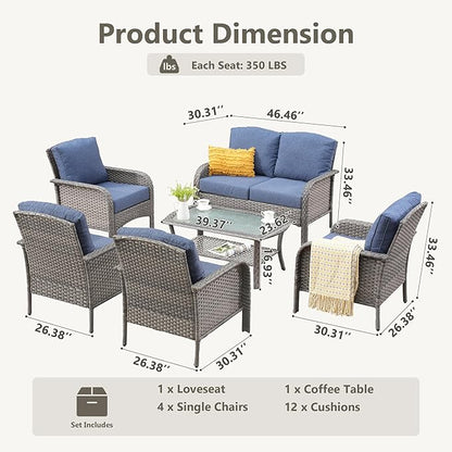 6-Piece Wicker Patio Furniture Set, All-Weather Rattan Conversation Bistro Loveseat Chair and Table Set for Backyard, Balcony and Deck with Soft Cushions and Metal Table(Blue)