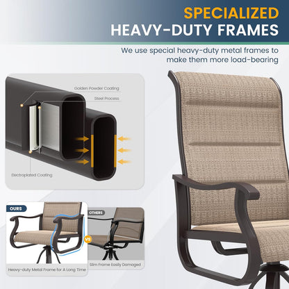 Amopatio Padded Patio Swivel Chairs Set of 2, Outdoor Dining Chairs with Ultra Soft Textilene High Back Seat & Metal Rocker Frame, for Backyard Deck Lawn, Brown