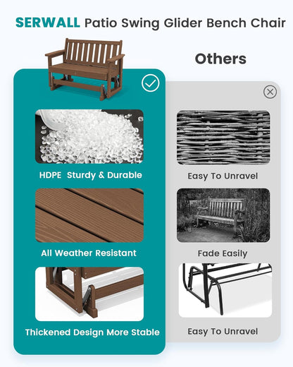 SERWALL 2 Person Patio Glider Rocking Chair, HDPE Material Weather-Resistant Swinging Bench for Outdoor Porch Garden, Brown