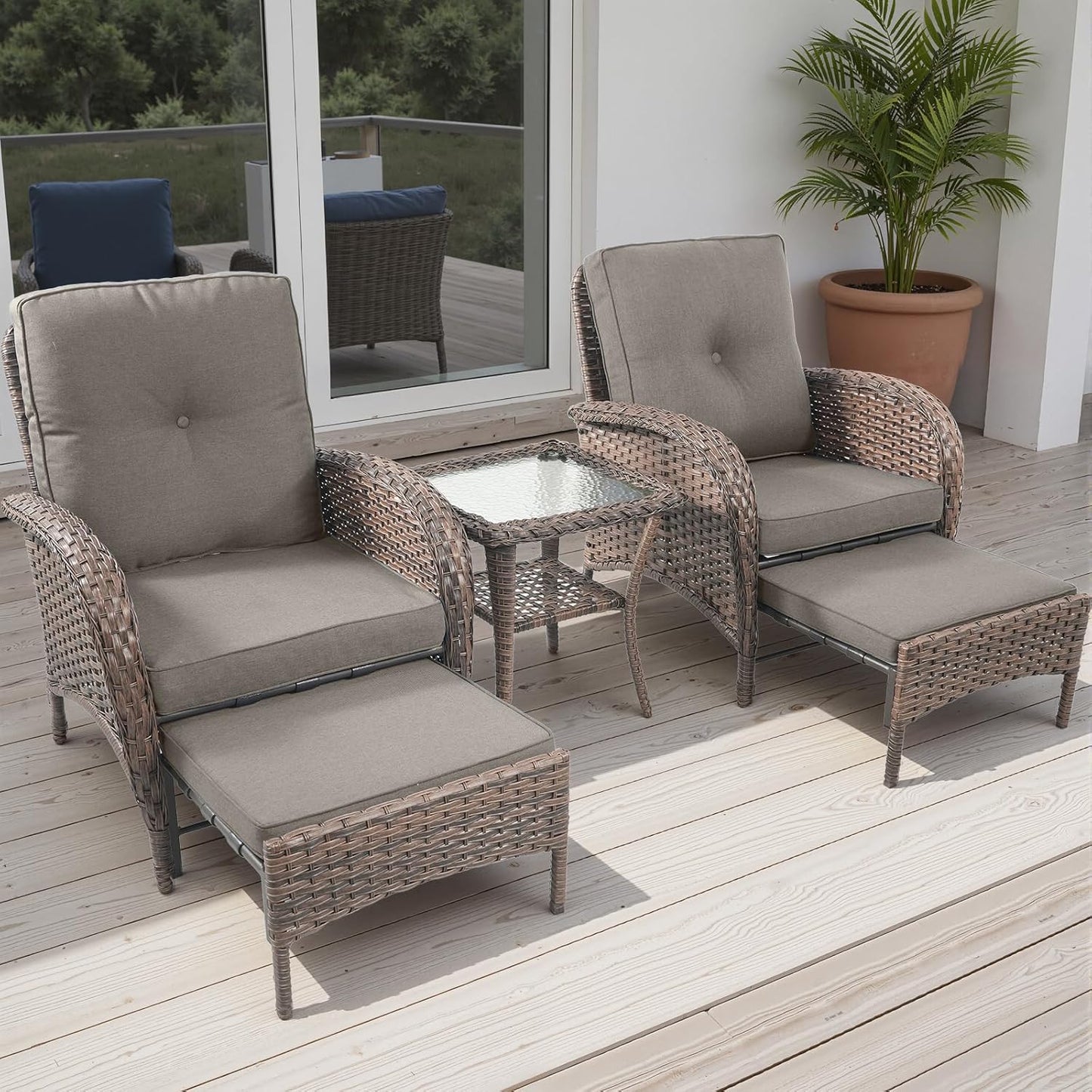 5 Piece Patio Furniture Set - Wicker Balcony Furniture Set with Hidden Ottomans, Rattan Outdoor Patio Chairs with Side Table for Porch Deck Poolside Garden Brown/Grey