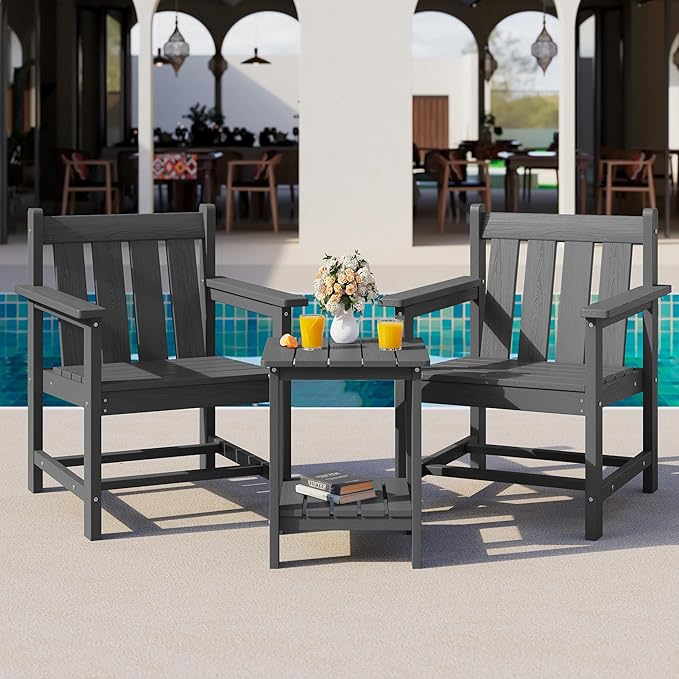 SERWALL 3 Pieces Patio Bistro Set, All Weather Adirondack Chair Set with Side Table, HDPE Material Outdoor Patio Furniture Set for Balcony, Porch, Garden, Backyard- Gray