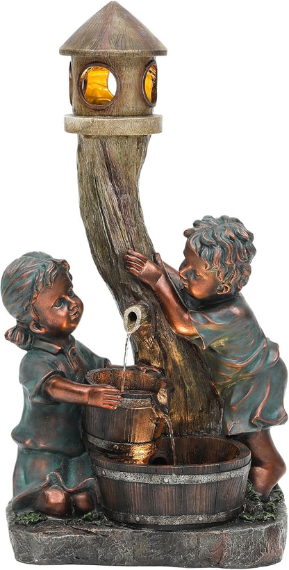 31" Resin Outdoor Water Fountain with LED Lights, Boy and Girl, Pagoda and Wood Barrel Garden Fountain, 3-Tier Cascading Waterfall for Tranquil Backyard, Patio or Porch, Faux Bronze Finish