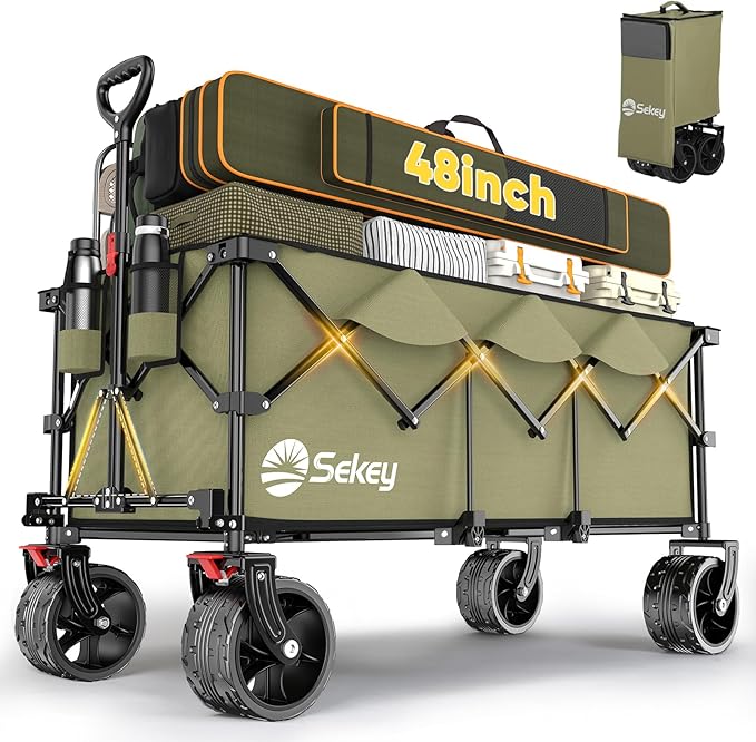 Sekey 48''L Collapsible Foldable Extended Wagon with 440lbs Weight Capacity, Heavy Duty 300L Folding Utility Garden Cart with Big All-Terrain Beach Wheels & Drink Holders. Khaki
