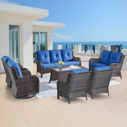 Outdoor Wicker Furniture Patio Set - 7 Piece Backyard Furniture Brown Rattan Conversation Sets with Swivel Rocker Chairs, Rattan Sofa, Club Chairs and Coffee Table, Blue Cushion