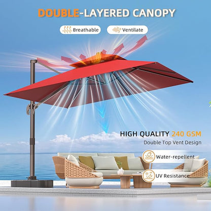9' X 12' Cantilever Outdoor Patio Umbrellas Double Top Large Rectangle Umbrella Heavy Duty 360°Rotation Offset Umbrella for Garden Deck Pool Patio,Red