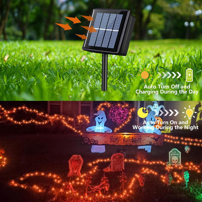 QITONG Orange Solar Halloween Lights Outdoor Waterproof, 2 Pack Each 66ft 200 LED String Lights, Silver Wire Orange Lights for Halloween with 8 Modes