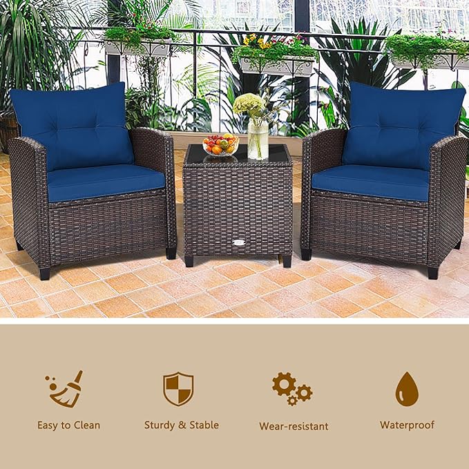 RELAX4LIFE 3 Piece Patio Furniture Set, Wicker Bistro Conversation Set w/ 2 Cushioned Armchairs & Glass Topped Table, Outdoor Rattan Sofa Set Patio Furniture for Porch Balcony Poolside (Navy Blue)