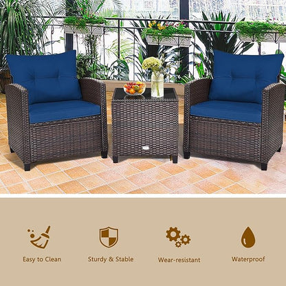RELAX4LIFE 3 Piece Patio Furniture Set, Wicker Bistro Conversation Set w/ 2 Cushioned Armchairs & Glass Topped Table, Outdoor Rattan Sofa Set Patio Furniture for Porch Balcony Poolside (Navy Blue)