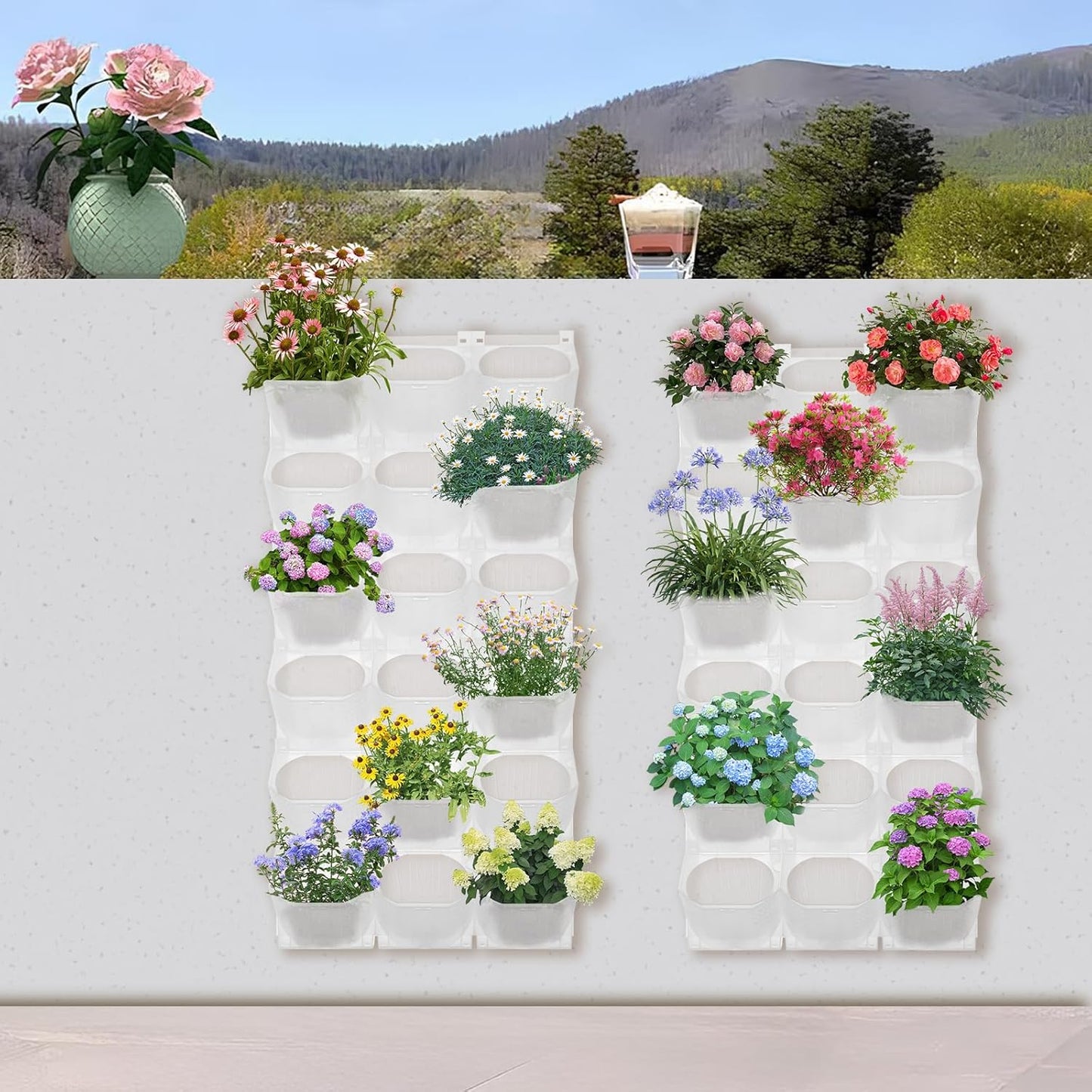 Eapmic Vertical Wall Planter with 36 Pots, Hanging Garden Plant Flowerpot Holder, Stackable Wall-Mounted Planter, Balcony Planters for Flowers Vegetables Fruits (White, 36 Pots)