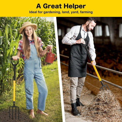 Pitch Fork, 4 Tine Heavy Duty Garden Fork with Ergonomic No-Slip D-Grip Handles, 45 Inches Long Handle Spading Fork, Perfect for Gardening Digging, Land Management, Yard work, Farming (Black)