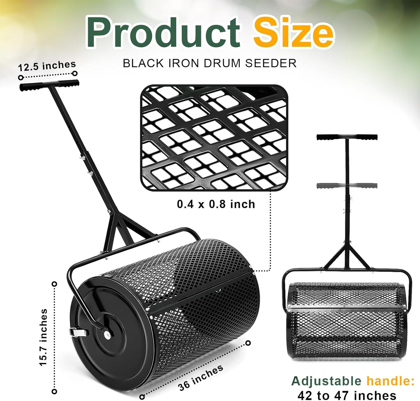 Hiboom 36 Inch Compost Spreader, Peat Moss Spreader, Manure Roller with Adjustable T Shaped Handle, Lightweight Metal Mesh for Lawn Garden Spreading Manure Topsoil (Black)