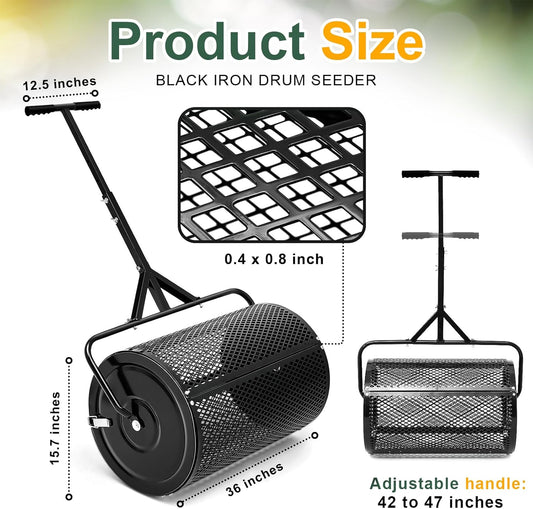 Hiboom 36 Inch Compost Spreader, Peat Moss Spreader, Manure Roller with Adjustable T Shaped Handle, Lightweight Metal Mesh for Lawn Garden Spreading Manure Topsoil (Black)