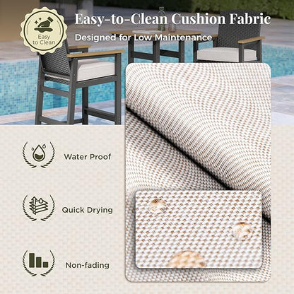 3 Pieces Outdoor Bar Set, All-Weather Bistro Table and 2 Bar Stools with Wicker Backrest and Comfy Cushion, Outdoor Patio Bistro Height Table and Chairs Sets, for Deck, Backyard and Garden