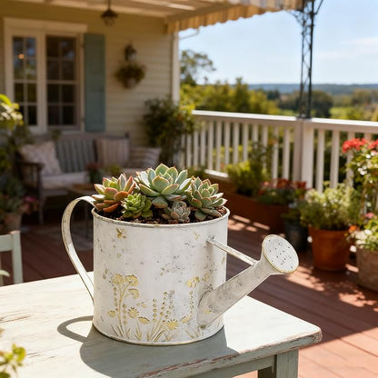 Vintage Metal Watering Can Planter with Embossed Floral - Distressed White Decorative Watering Pot for Indoor/Outdoor Flowers, Succulents & Herbs, Rustic Home Decor Accent