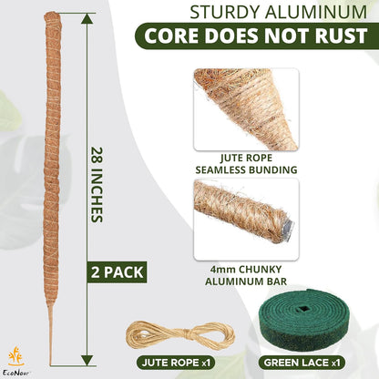 EcoNour 28" 2 Pack Moss Pole | Moss Pole Monstera Plant Support | Plant Sticks for Indoor Climbing Plants | Support for Potted Plants Like Pothos, Philodendrons, and More