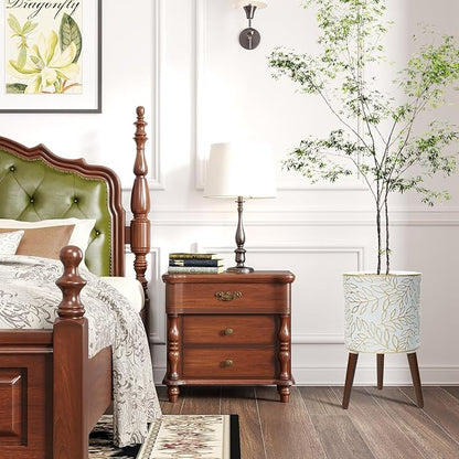 12inch Plant Pots with Wood Planter Holder Indoor Flower Pot with Gold Floral Embossed Modern Planters with Drainage Holes for Living Room, Office, Garden or Balcony