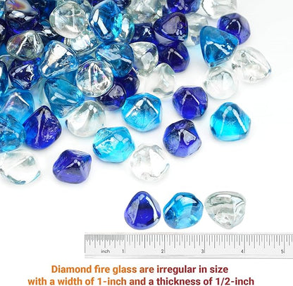Skyflame 10-Pound Blended Fire Glass Diamonds for Fire Pit Fireplace Landscaping, 1/2 Inch Cobalt Blue, Crystal Ice, Caribbean Blue Luster