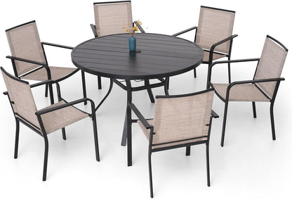 7-Piece Outdoor Dining Set, 48'' Round Table with 6 Stackable Chairs All Weather Furniture Set - Beige Grey