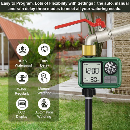 Sprinkler Timer Brass, Programmable Water Timer with Rain Delay, Manual& Automatic System for Garden Hose Faucet, Waterproof Gardening Supplies Irrigation Controller Watering Lawn Evenly& Efficiently