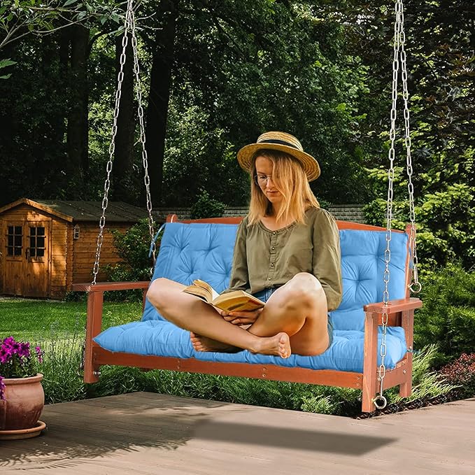 Swing Replacement Cushions with Backrest, 2 or 3 Seater Waterproof Non-Slip Overstuffed Swing Pad, Indoor/Outdoor Bench Cushion for Porch Chair Swings Garden Furniture(Sky Blue 40 * 40 in)