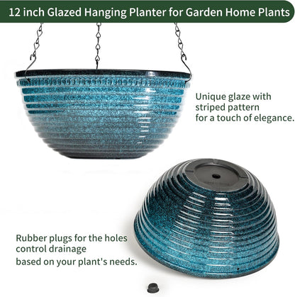12 inch Hanging Planters for Indoor Outdoor Plants, 2 Pack Large Hanging Flower Pots with Drainage Holes and Chain, Glazed Hanging Baskets for Home Garden Decoration, Blue