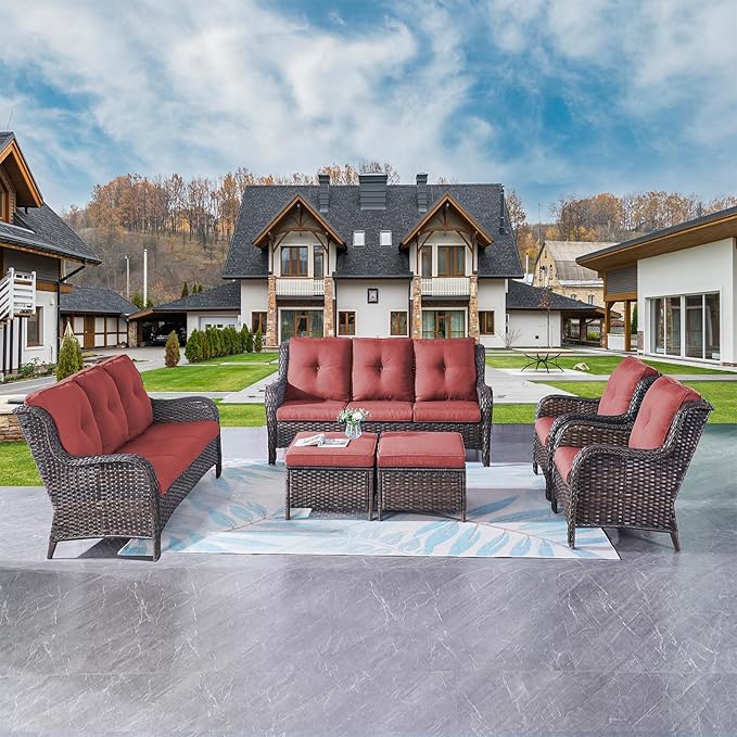 Rilyson Wicker Patio Furniture Sofa Set - 6 Piece Rattan Outdoor Patio Sectional Conversation Sets with 2 Sofa,2 Armrest Chairs and 2 Ottomans for Porch Deck Garden(Brown/Red)