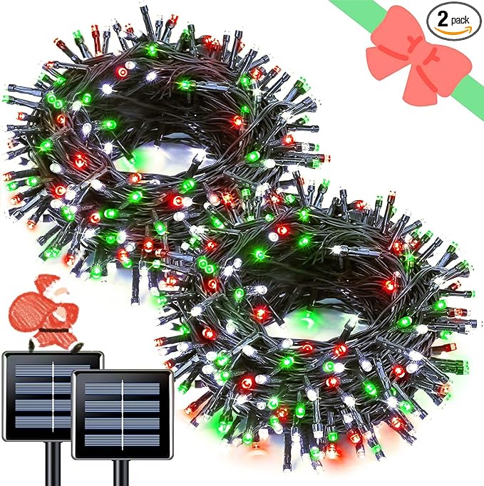 JMEXSUSS Red White and Green Christmas Lights, 2 Pack 100 LED 33 FT Solar Christmas Lights Outdoor Waterproof, Outdoor Solar String Lights for Outside Garden Yard Christmas Tree Decor