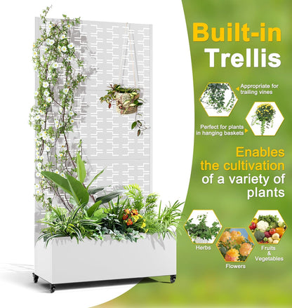 FENCY Metal Raised Garden Bed with Wheels and Trellis,73"x35"x16" Planter Box for Climbing Plants, Vegetables & Vines, Features Privacy Screen and Drainage Holes (White-Brick)