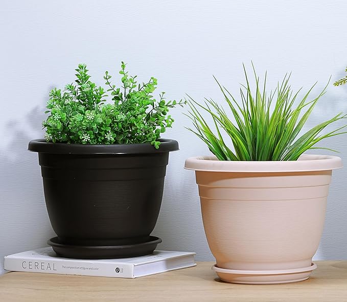 5 Packs 10 inch Plant Pots + Saucer, Planters for Indoor & Outdoor Plants with Drainage Holes | Plastic Flower Pots, Large Planter (Black, 10 inch)
