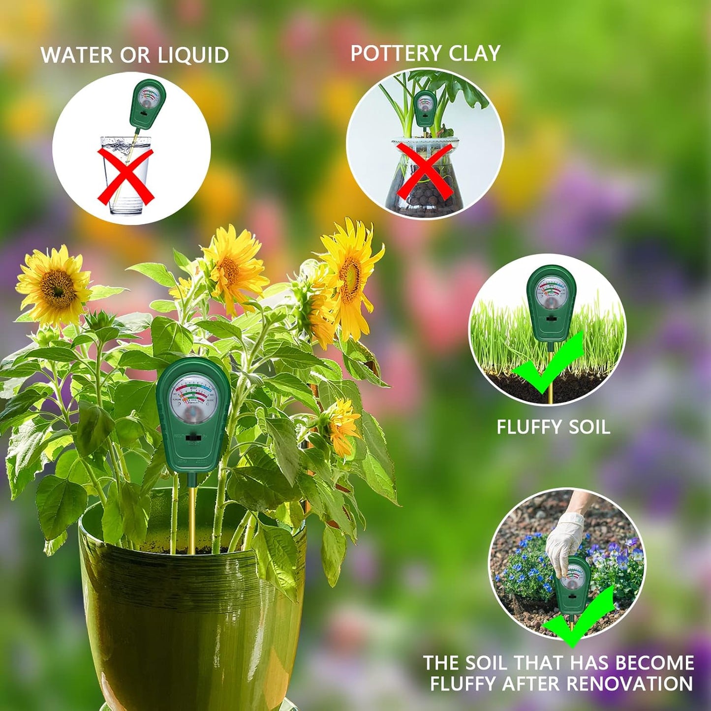 3-in-1 Soil Test Kit, Soil Moisture Meter/Soil ph Meter/Fertility Soil Tester, Soil Hygrometer for Garden, Farm, Plant, Outdoor, Indoor, Lawn Care Moisture Meter for Hous Plants (No Battery Needed)