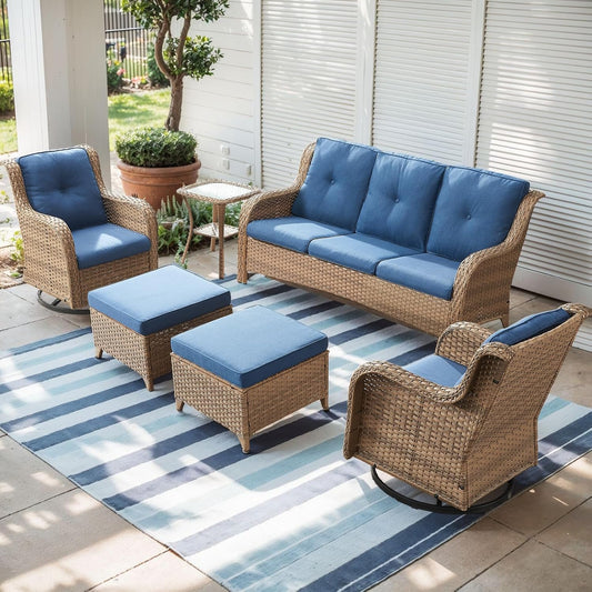 Outdoor Wicker Patio Furniture Set - 6 Piece Rattan Patio Conversation Set with 2 Rocking Swivel Chairs,2 Ottomans,1 Sofa and 1 Side Table for Porch Deck Backyard Garden(Yellow/Blue)