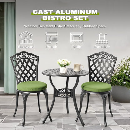 NUU GARDEN 3-Piece Patio Bistro Set Outdoor Cast Aluminum Bistro Table and Chairs Set of 2, Outdoor Patio Bistro Set with Umbrella Hole and Green Cushions for Patio Balcony, Black